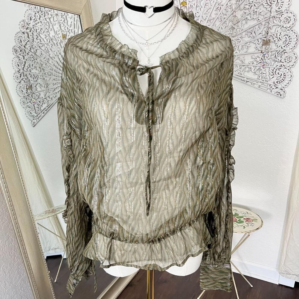 Scotch & Soda Star Gazer Sheer Metallic Ruffle Blouse XS Olive Bronze Boho Top